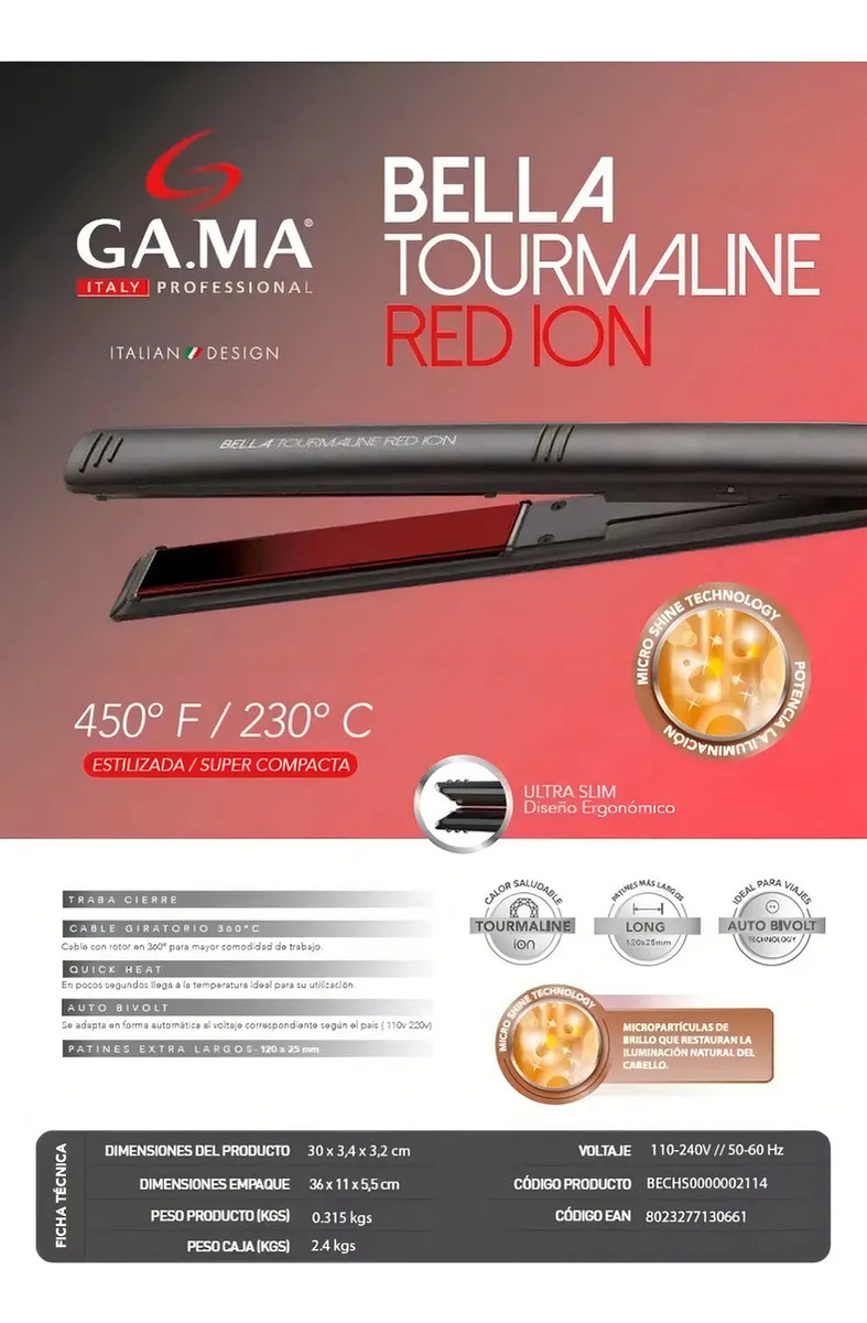 Planchita De Pelo Ga.ma Italy Bella Tourmaline Red Ion Negra Y Roja - Image 4